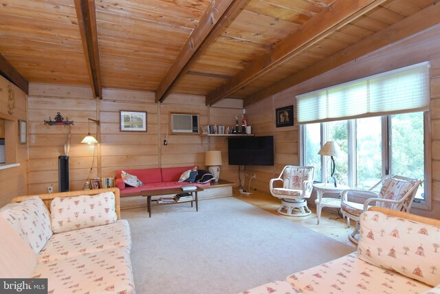 carpeted living room with wooden ceiling, wood walls, and beamed ceiling