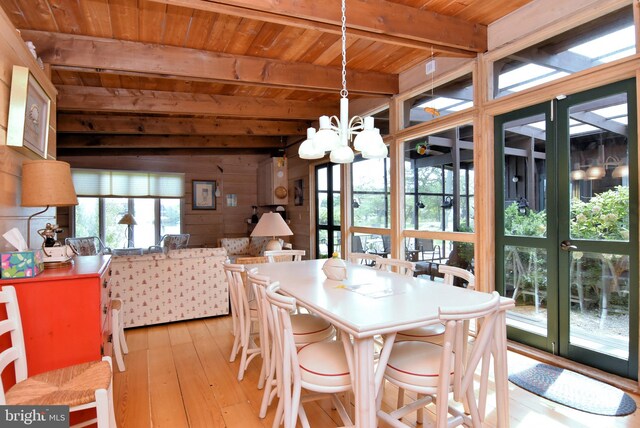 dining space with beamed ceiling, light hardwood / wood-style floors, wood walls, a chandelier, and wood ceiling