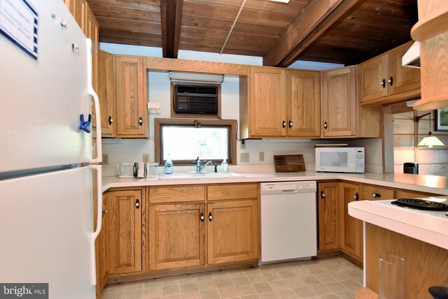 kitchen featuring light tile flooring, beamed ceiling, white appliances, sink, and wood ceiling