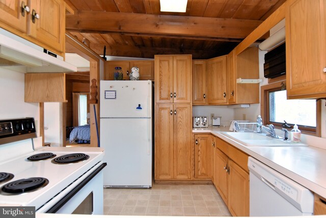 kitchen with white appliances, beam ceiling, and wood ceiling