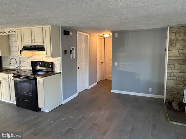 kitchen with a textured ceiling, sink, ventilation hood, dark hardwood / wood-style floors, and black electric range oven