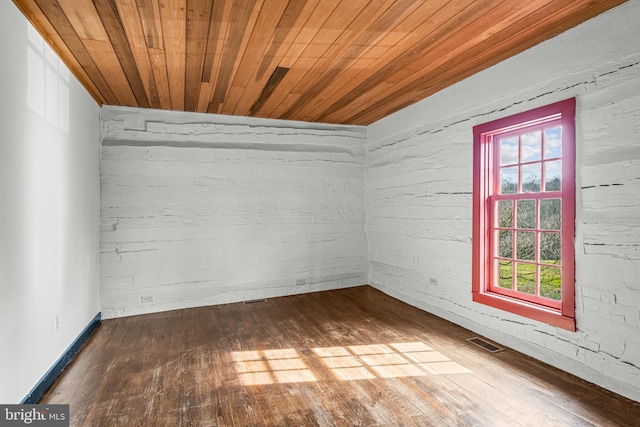 spare room with wooden ceiling and dark hardwood / wood-style flooring