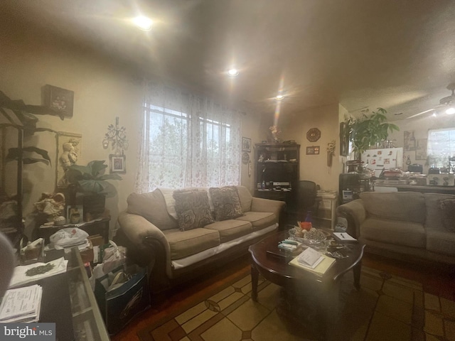 living room with ceiling fan