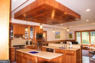 kitchen featuring hanging light fixtures, a center island with sink, and sink