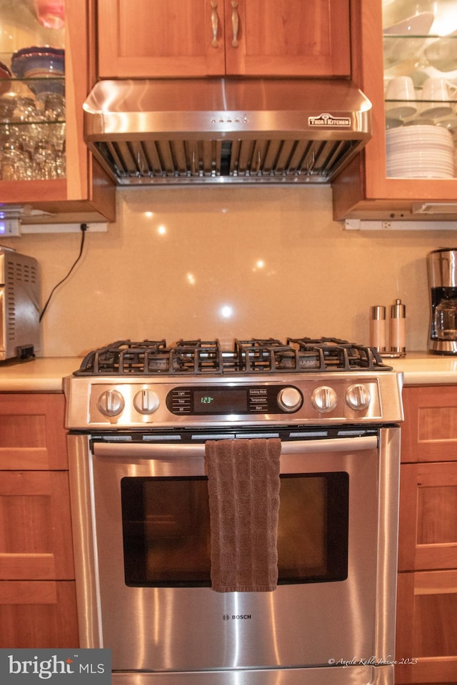 kitchen featuring fume extractor and stainless steel gas range