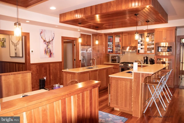 bar with hanging light fixtures, dark hardwood / wood-style flooring, appliances with stainless steel finishes, and wall chimney range hood