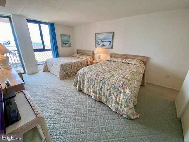 bedroom with a textured ceiling, carpet floors, access to exterior, and expansive windows