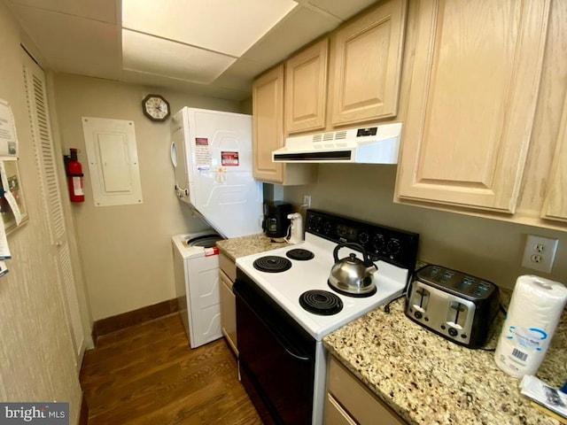 kitchen with light brown cabinetry, dark hardwood / wood-style floors, electric stove, and light stone countertops