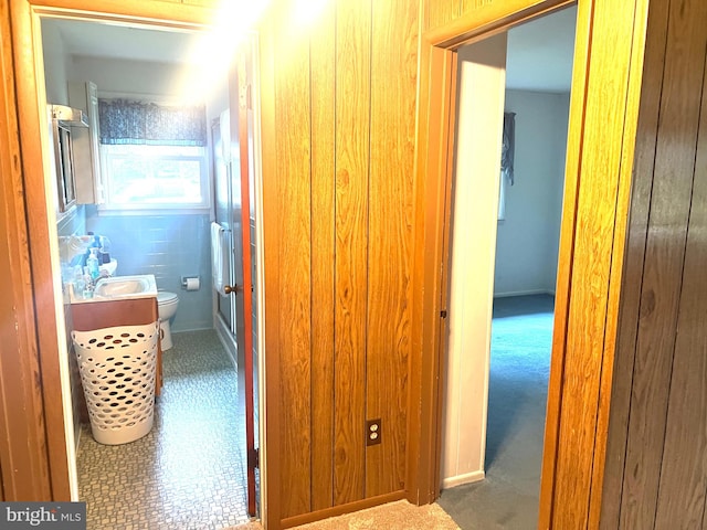 hallway featuring sink and carpet