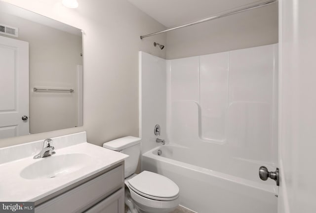 full bathroom with vanity,  shower combination, and toilet