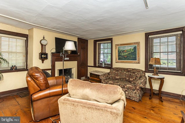 living room with a healthy amount of sunlight and dark wood-type flooring