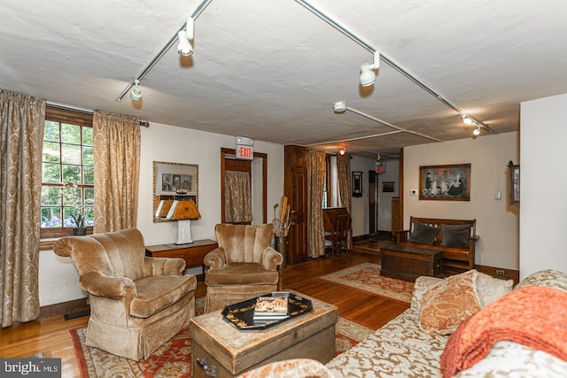 living room with track lighting and light hardwood / wood-style flooring