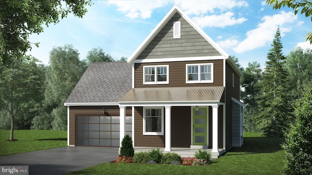 view of front of property with a front yard, a porch, and a garage