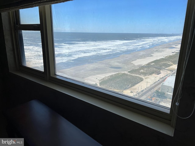 room details featuring a beach view and a water view