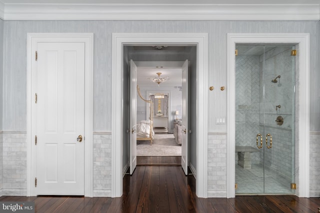 hall with ornamental molding and dark hardwood / wood-style flooring