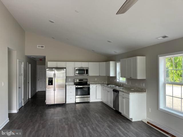 kitchen with white cabinetry, sink, dark hardwood / wood-style flooring, and appliances with stainless steel finishes