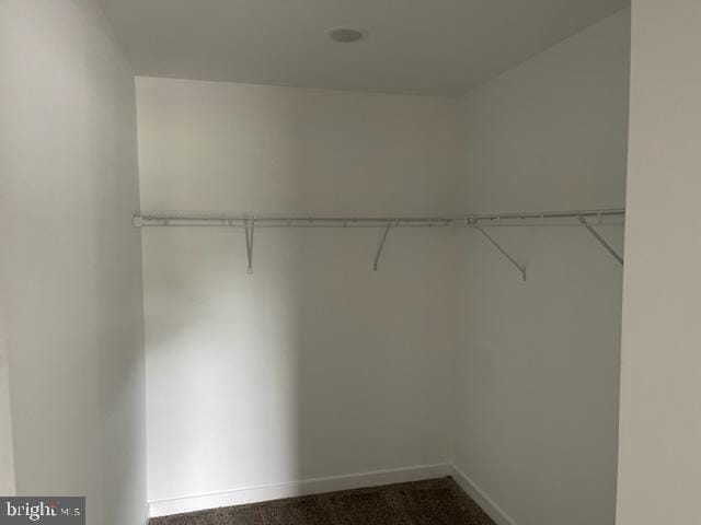 spacious closet featuring dark colored carpet