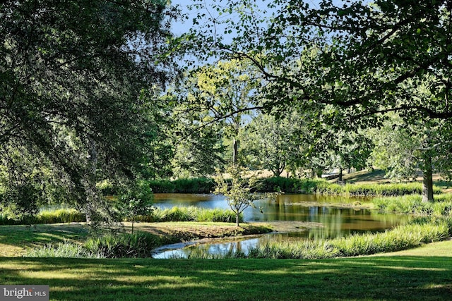 surrounding community with a yard and a water view