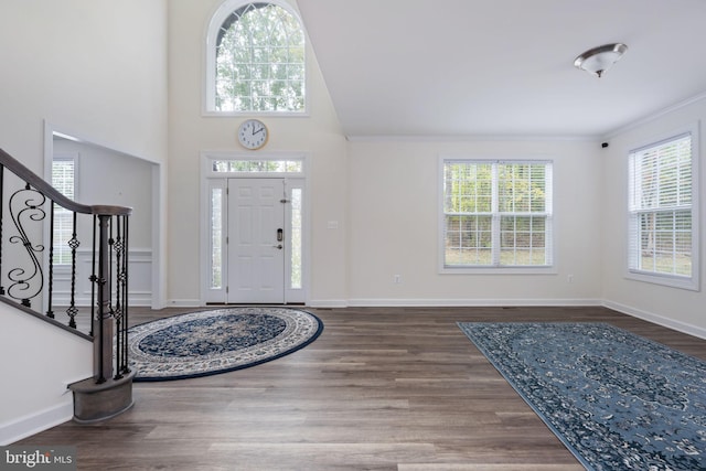 entrance foyer featuring ornamental molding, a high ceiling, wood-type flooring, and a healthy amount of sunlight