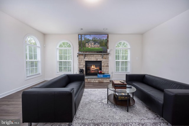 living room featuring a stone fireplace, a healthy amount of sunlight, and hardwood / wood-style flooring