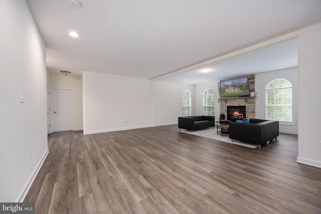 living room with a stone fireplace and dark hardwood / wood-style floors