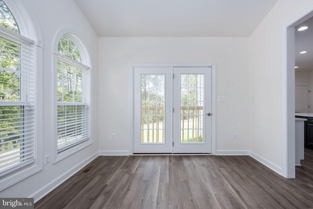 doorway with dark hardwood / wood-style floors and a healthy amount of sunlight