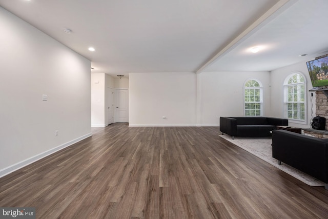 living room featuring a fireplace and dark hardwood / wood-style floors