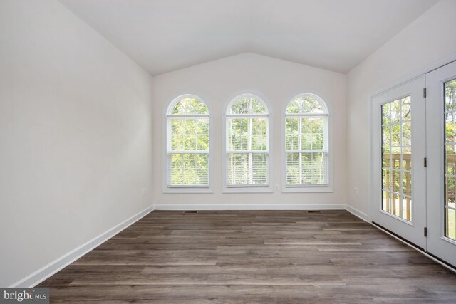 interior space featuring plenty of natural light, lofted ceiling, and dark hardwood / wood-style flooring