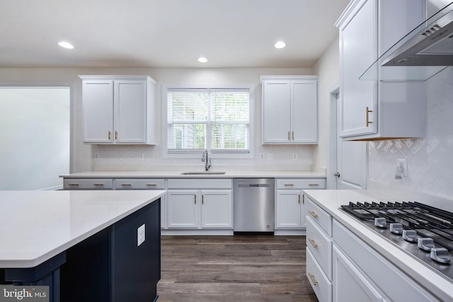 kitchen featuring sink, appliances with stainless steel finishes, white cabinets, and extractor fan