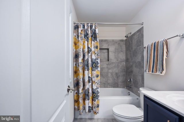 full bathroom featuring vanity, shower / bath combo, toilet, and tile patterned floors