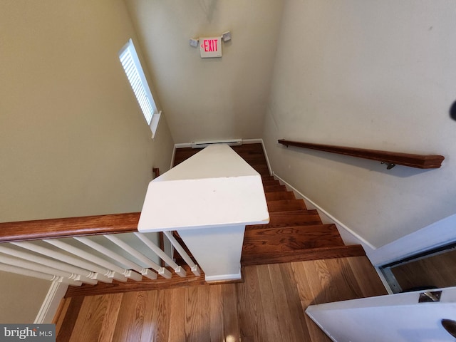 stairway featuring dark wood-type flooring and a towering ceiling