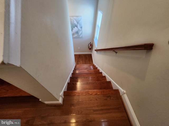 stairway with dark hardwood / wood-style floors