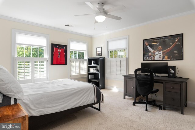 164 W Lake Dr, Annapolis, MD 21403 - bedroom with ornamental molding, light colored carpet, ceiling fan, and multiple windows