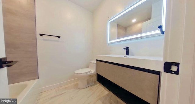 full bathroom featuring washtub / shower combination, tile flooring, toilet, and vanity