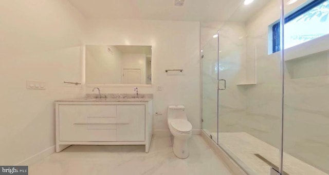 bathroom featuring tile flooring, an enclosed shower, toilet, and vanity