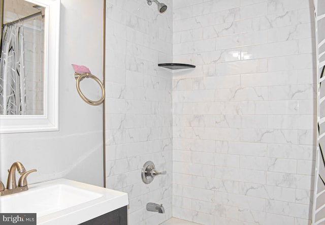 bathroom with vanity and shower / bath combo with shower curtain