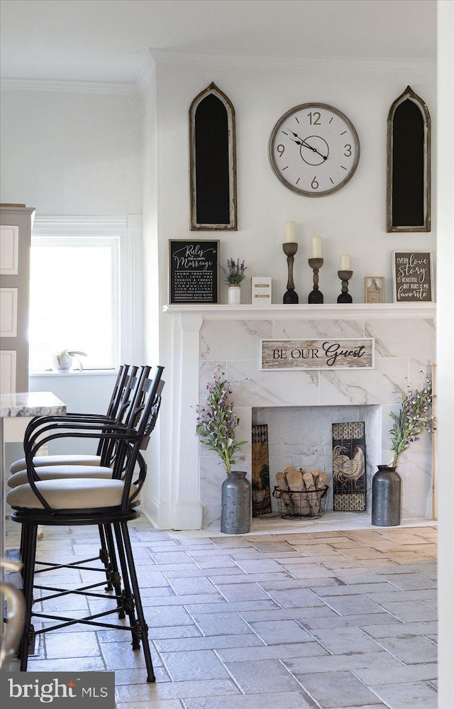 interior space with a fireplace and ornamental molding