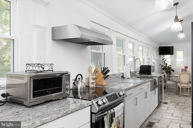 kitchen with light stone countertops, ventilation hood, crown molding, white cabinets, and stainless steel electric range