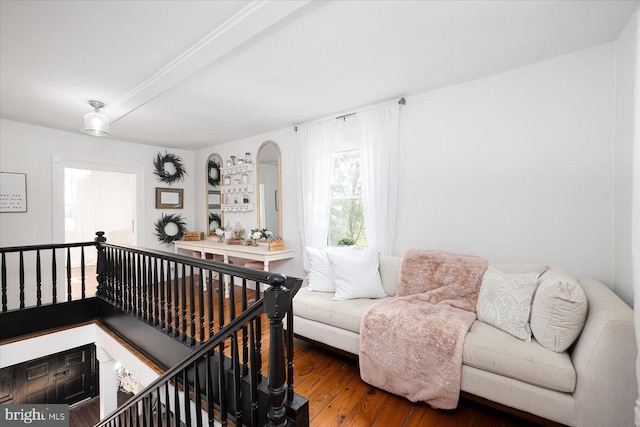 living room with dark hardwood / wood-style floors