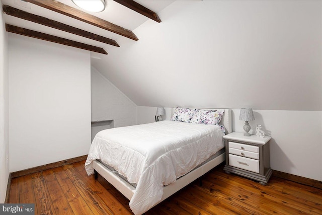 bedroom featuring lofted ceiling with beams and dark hardwood / wood-style floors