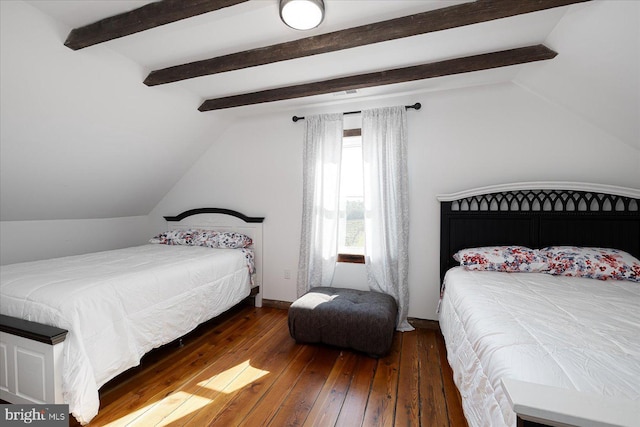 bedroom featuring dark wood-type flooring and vaulted ceiling