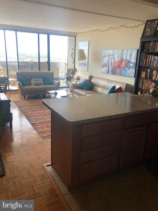 kitchen featuring dark brown cabinetry and parquet floors