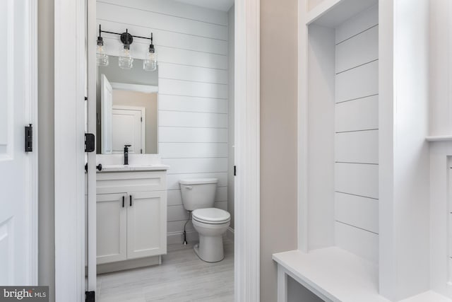 bathroom featuring vanity, toilet, and wood-type flooring