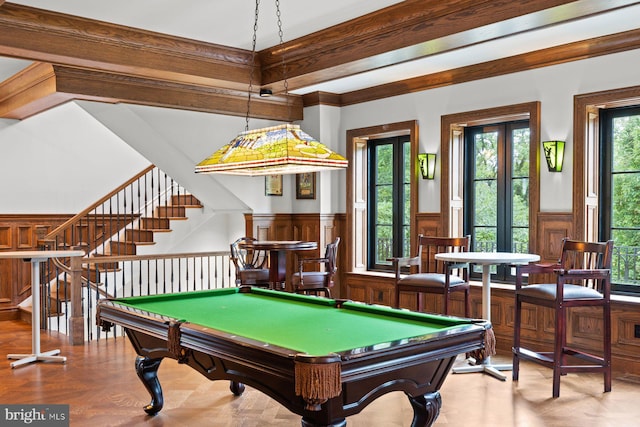 recreation room featuring light hardwood / wood-style flooring, beamed ceiling, and billiards