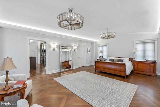 bedroom featuring dark parquet floors