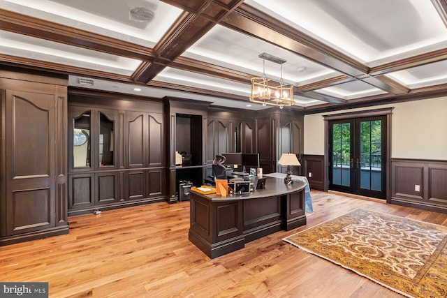 office with french doors, light hardwood / wood-style floors, coffered ceiling, and beam ceiling