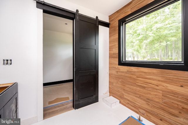 bathroom with a wealth of natural light and wooden walls