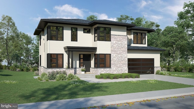 view of front facade featuring a front lawn and a garage