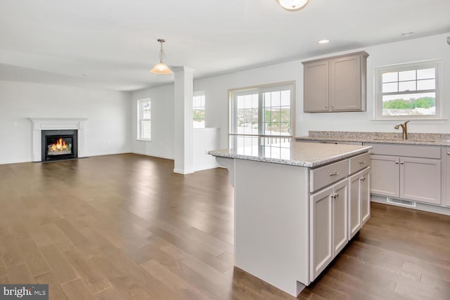 kitchen with dark hardwood / wood-style flooring, hanging light fixtures, a wealth of natural light, and a center island