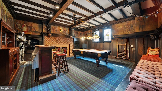 1717 Woodland Rd, Abington, PA 19001 - playroom featuring wooden walls, ceiling fan, beamed ceiling, and pool table